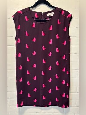 LOFT Cat Print Shift Dress Burgundy Pink Novelty Preppy Sleeveless Mini Size XSP